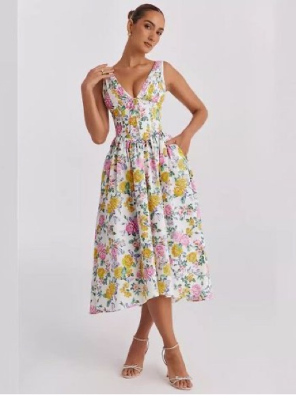 Floral V-Neck Bustier Midi Dress
